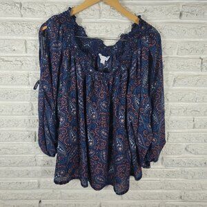 Boutique Women Top 3X Plus 3/4 Split Sleeve Blue Paisley On Off Shoulder PAI25E